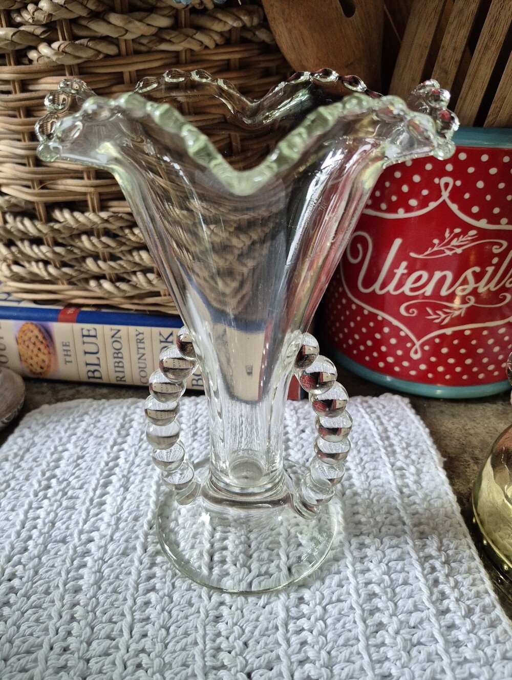 Vintage Imperial Glass Candlewick Crimped Fluted Beaded Handle Vase 8"